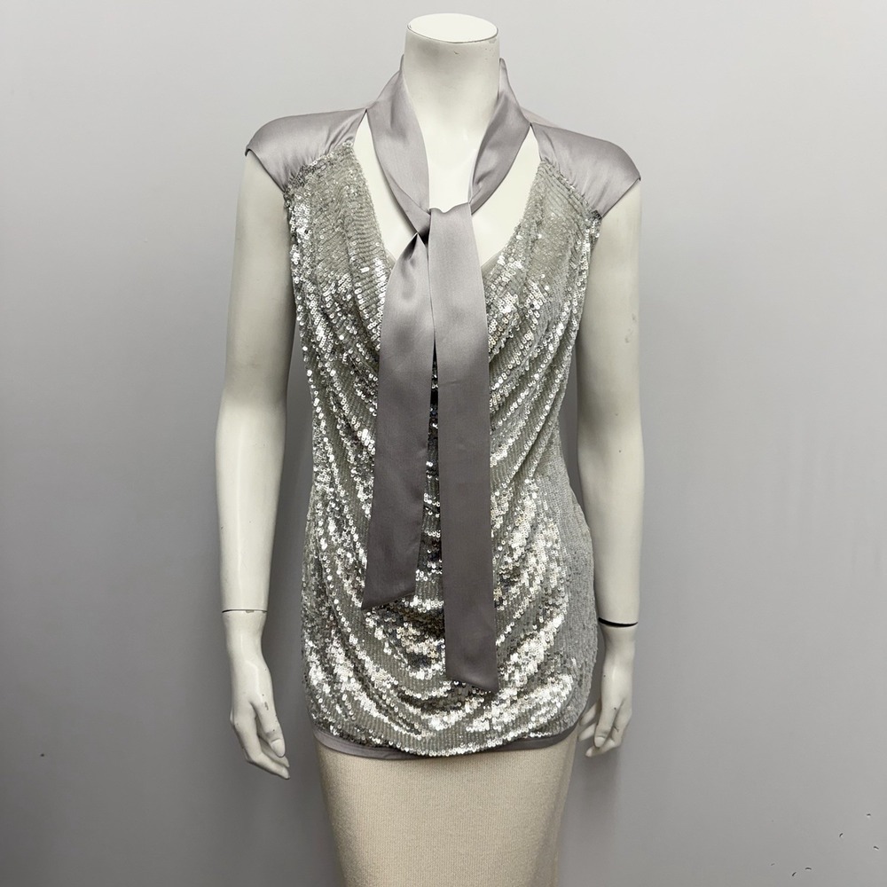 Valentino T-Shirt Couture Top Silver Gray Sequin Built In Tie Size 46 Small S
